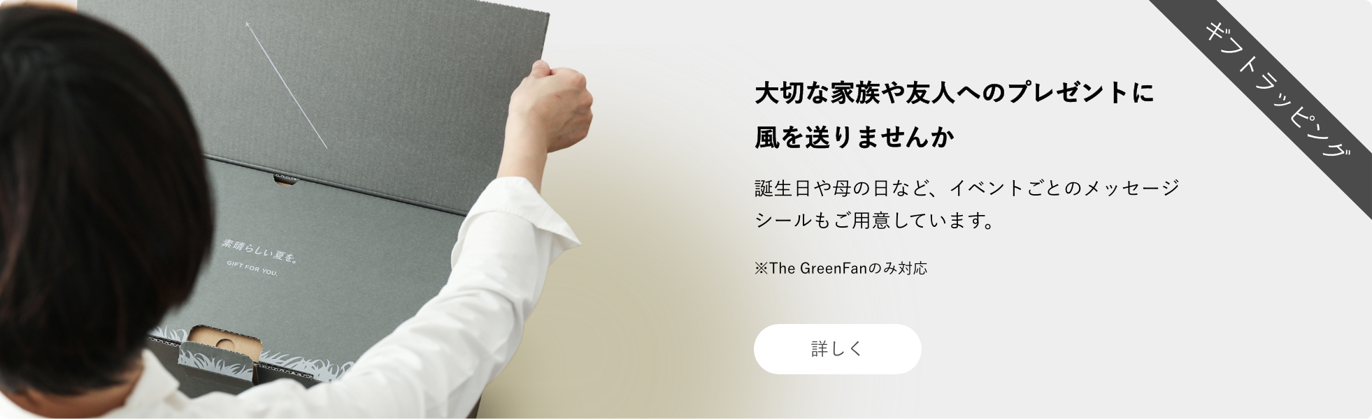 大切な家族や友人へのプレゼントに風を送りませんか 誕生日や母の日など、イベントごとのメッセージシールもご用意しています。 ※The GreenFanのみ対応 詳しく