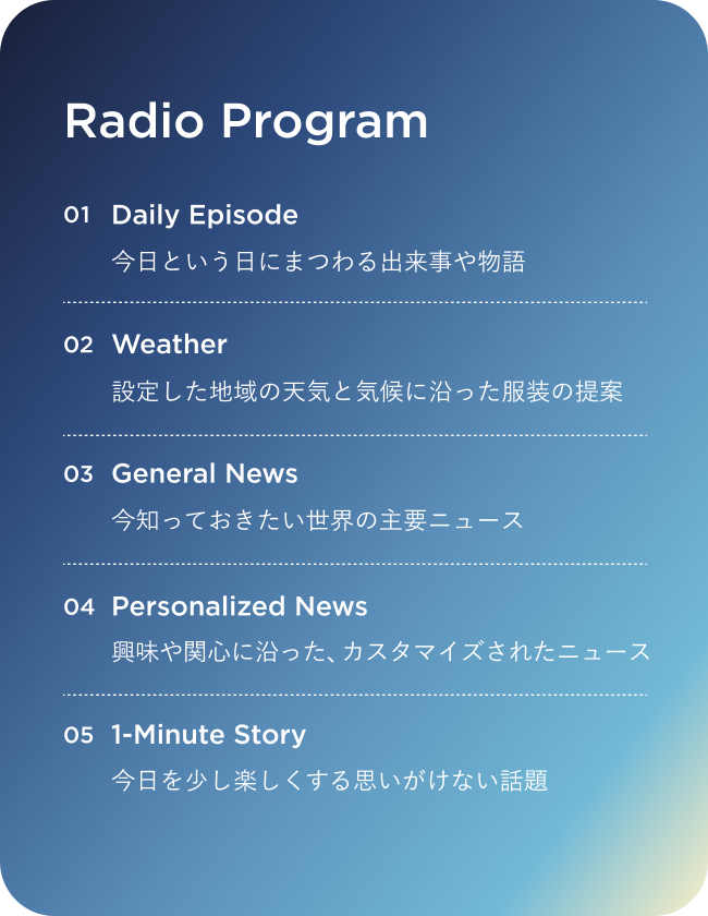 Radio Program：01 Daily Episode 今日という日にまつわる出来事や物語、02 Weather 設定した地域の天気や、気候に沿った服装の提案、03 General News 今知っておきたい世界の主要ニュース、04 Personalized News 興味や関心に沿った、カスタマイズされたニュース、05 1-Minute Story 今日を少し楽しくする思いがけない話題